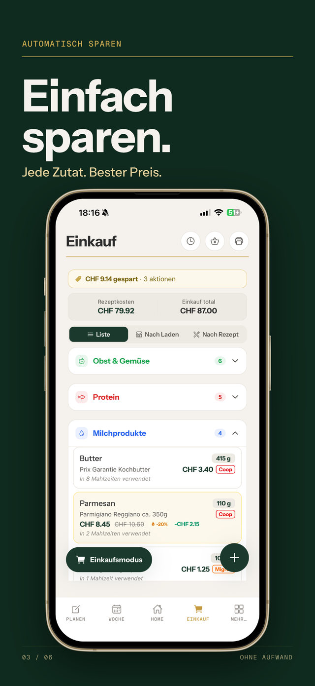 EINI — automatische Einkaufsliste mit Schweizer Preisen