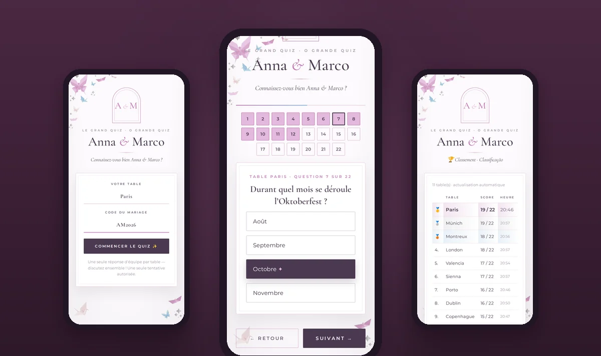 Hochzeitsquiz — die Web-App auf drei Smartphones (Namen geändert)