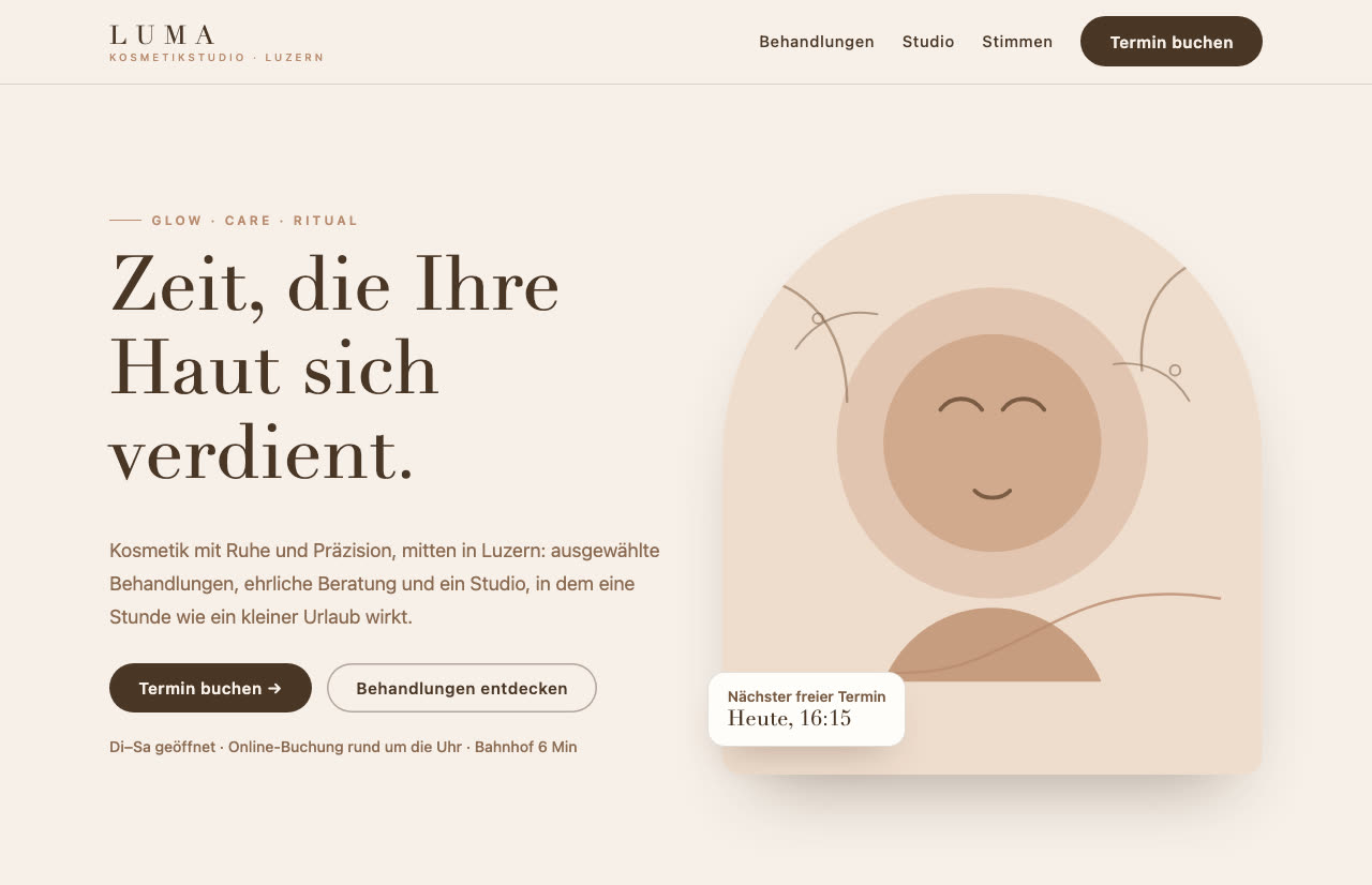Konzept-Studie LUMA Kosmetikstudio — von uns gestaltete und gebaute Website