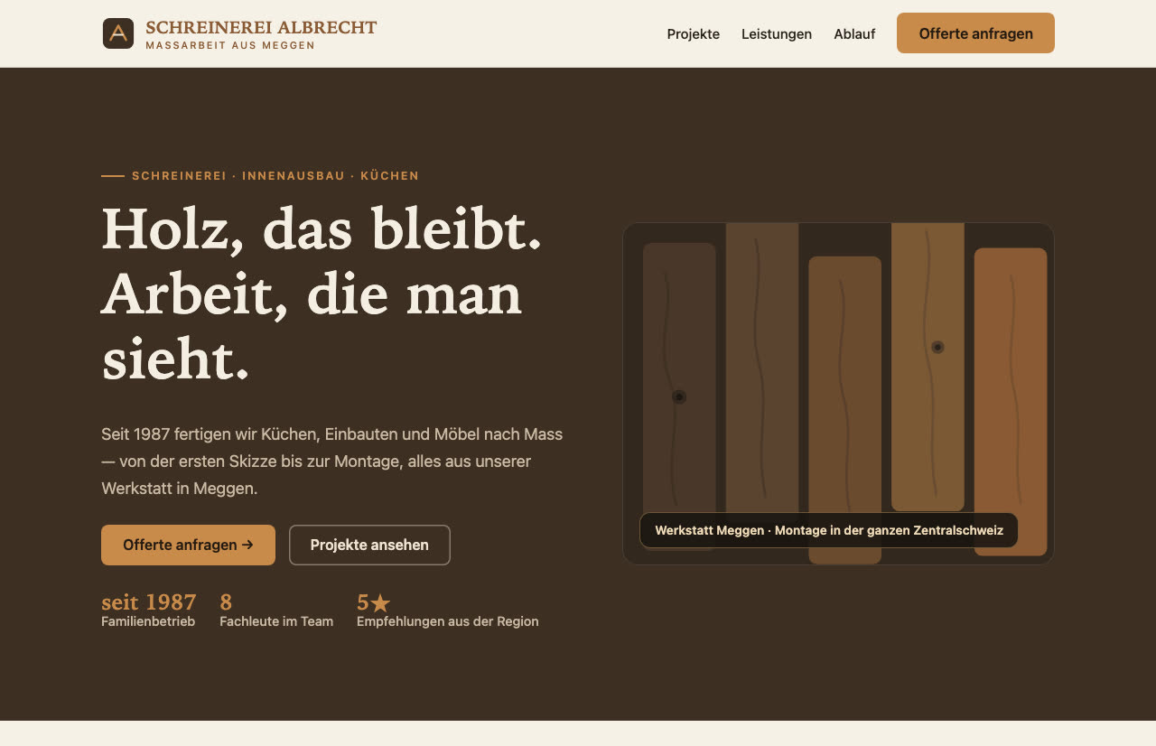 Konzept-Studie Schreinerei Albrecht — von uns gestaltete und gebaute Website